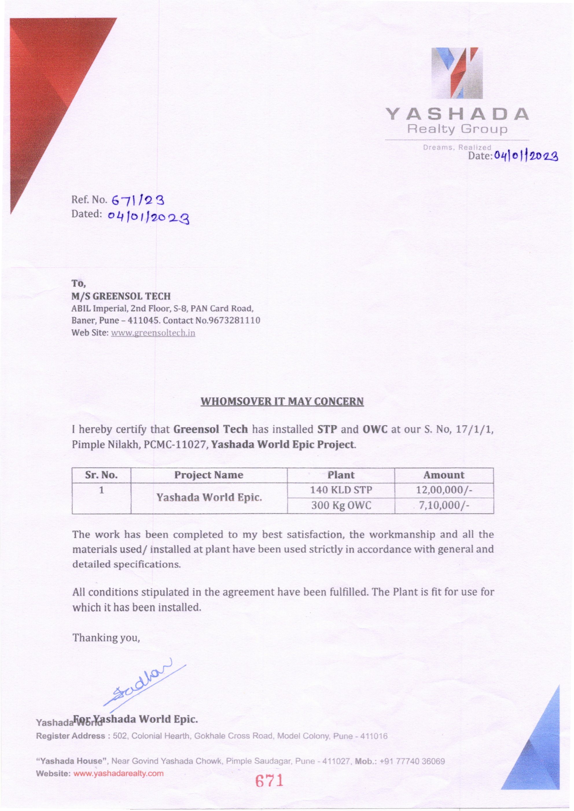 Yashada Realty Certificate