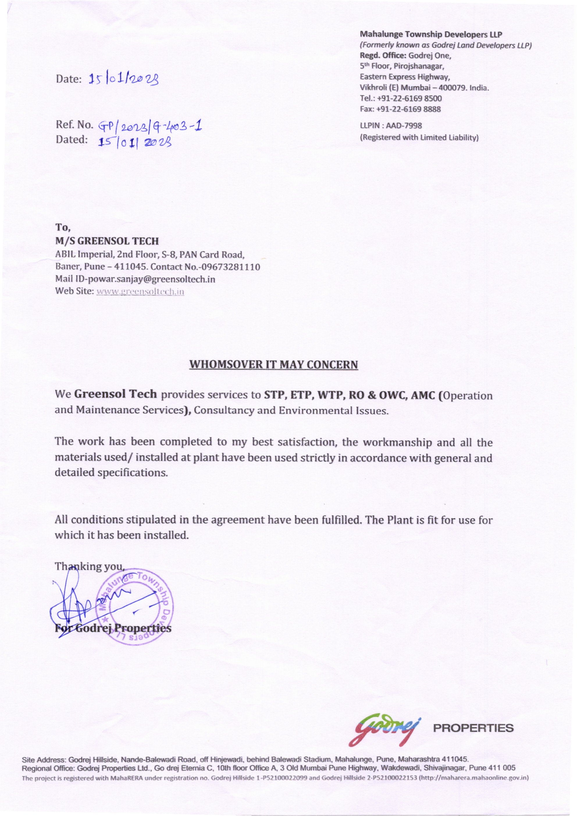 Godrej Properties Certificate