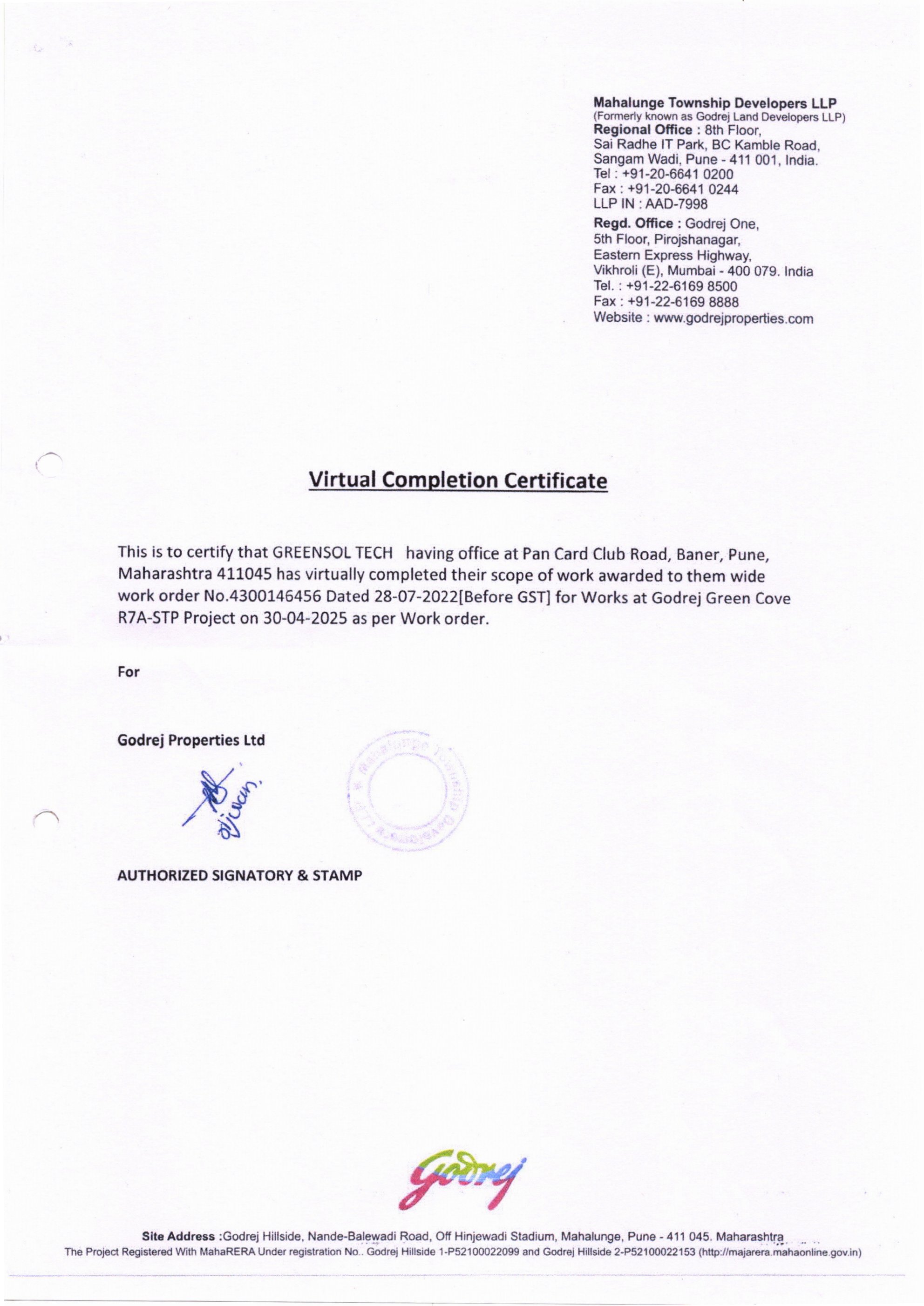 Godrej Virtual Completion Certificate